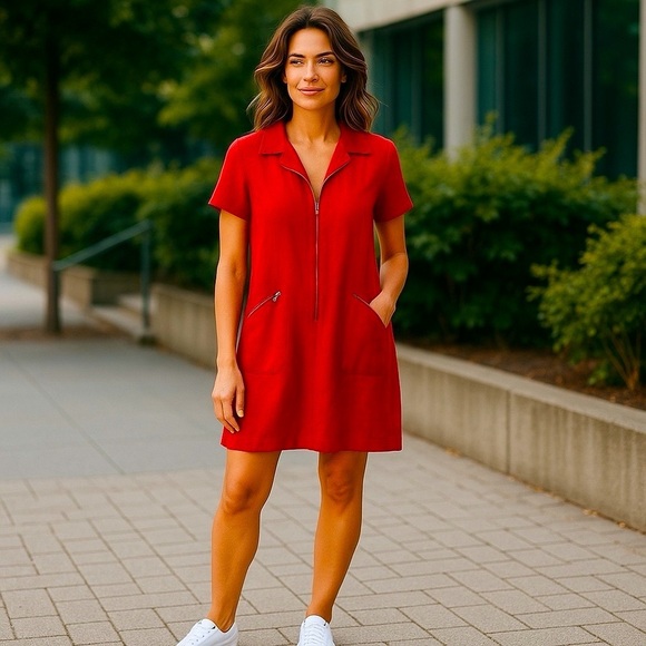 NY Sake LINEN Shirt Dress Silver Hardware Zip front, zipper pockets Red Size 1… - Picture 9 of 16